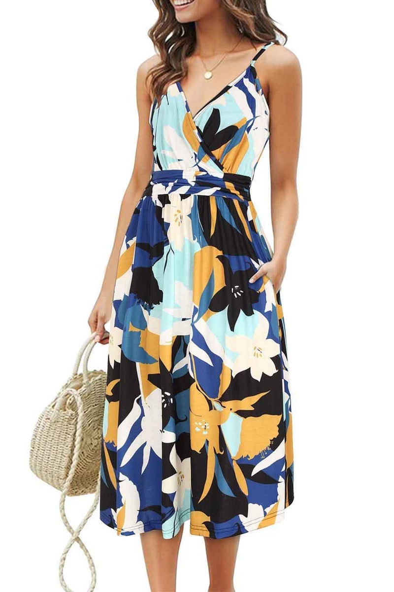 OUGES Women's Summer Spaghetti Strap V-Neck Floral Midi Casual Dress with Pockets(FloralK-452,XL) - Image 1